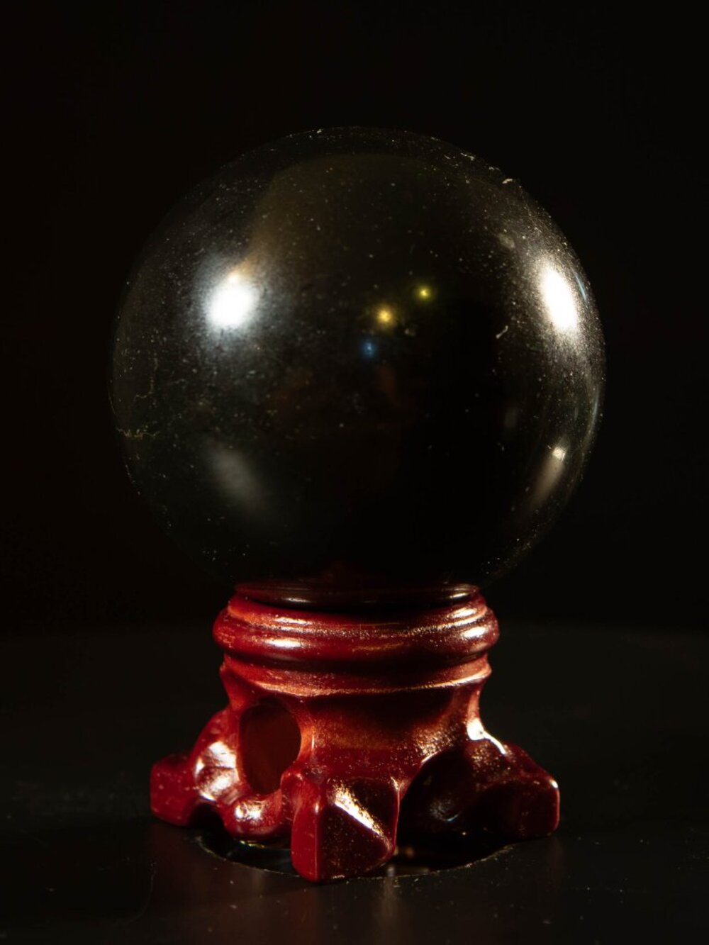 Natural Black Obsidian Crystal Sphere 2" w/ Wooden Stand - Picture 4 of 6